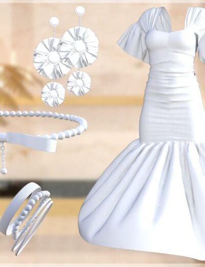 Elegant white wedding dress with puff sleeves and fitted bodice, paired with stylish jewelry and accessories for Daz3D characters. High-quality 3D assets for bridal and fashion scenes.