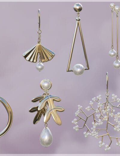 Elegant pearl earrings collection featuring gold and silver designs, geometric shapes, floral motifs, and intricate branch-inspired jewelry perfect for 3D renderings and digital art.