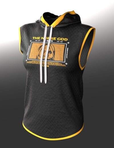 3D athletic hoodie with Norse mythology graphic, designed for realistic Daz3D assets, featuring detailed textures, vibrant yellow accents, and adjustable drawstrings for high-quality virtual clothing creation.