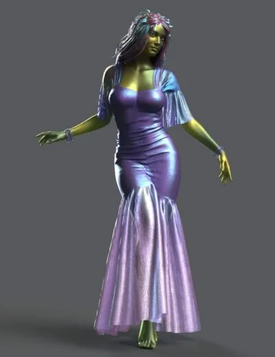 3D female figure in a shiny purple gown with flowing skirt, detailed hair, and jewelry, showcasing high-quality Daz3D assets for realistic 3D character design and modeling.