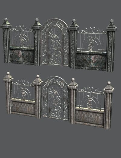 Ornamental metal garden gate 3D model with intricate floral design and decorative posts for realistic architectural visualization.