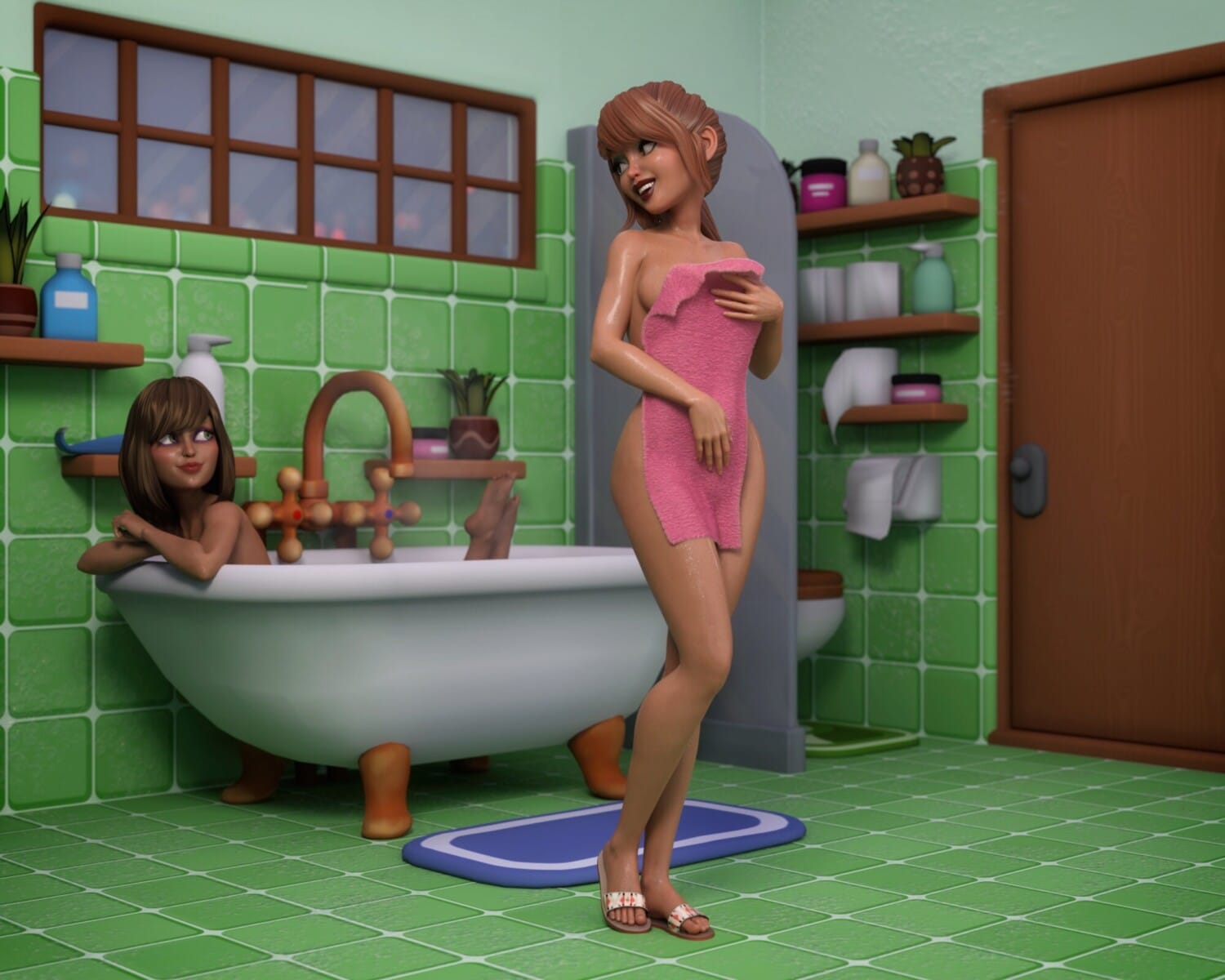 Two animated women share a playful moment in a green-tiled bathroom with a claw-foot tub.