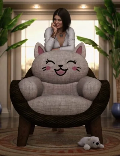 Soft plush cat-shaped armchair with a smiling face, cozy and whimsical, perfect for children's rooms or playful living spaces.