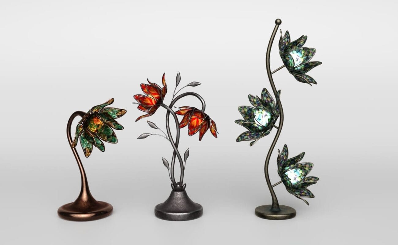 Colorful stained glass flower sculptures with metallic bases, designed for 3D rendering and digital art, showcasing detailed craftsmanship and artistic craftsmanship in 3D assets.