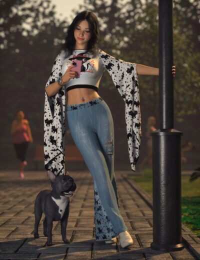 Cute young woman in trendy casual outfit using smartphone with French Bulldog in a park during evening, showcasing 3D Shards high-quality Daz3D assets for realistic character and pet rendering.