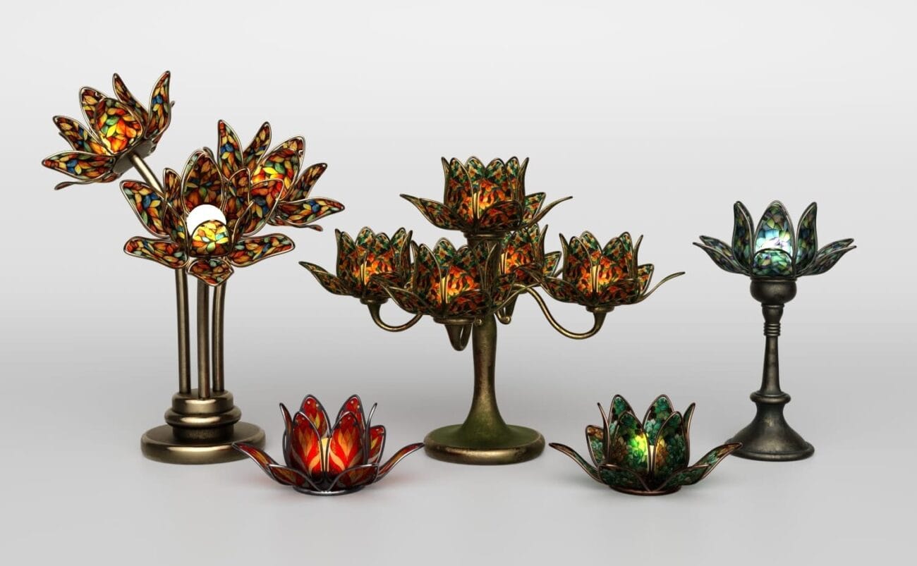 Vivid stained glass lotus flower candle holders and decorative lamps in various sizes with ornate metal bases, ideal for interior decor, showcasing high-quality 3D assets for Daz3D.