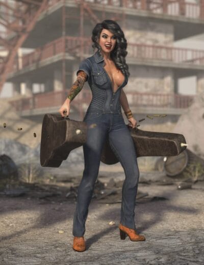 Rugged woman with tattoos holding large guitar case in post-apocalyptic environment, wearing denim jumpsuit and high heels, surrounded by rubble and ruins.