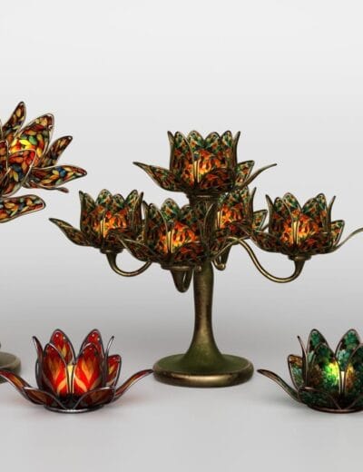 Vivid stained glass lotus flower candle holders and decorative lamps in various sizes with ornate metal bases, ideal for interior decor, showcasing high-quality 3D assets for Daz3D.