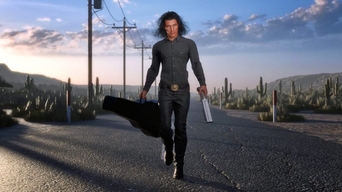 A young man walking on a desert road holding a guitar case and a guitar, with power lines and cacti in the background during sunset, showcasing high-quality 3D character asset renderings.