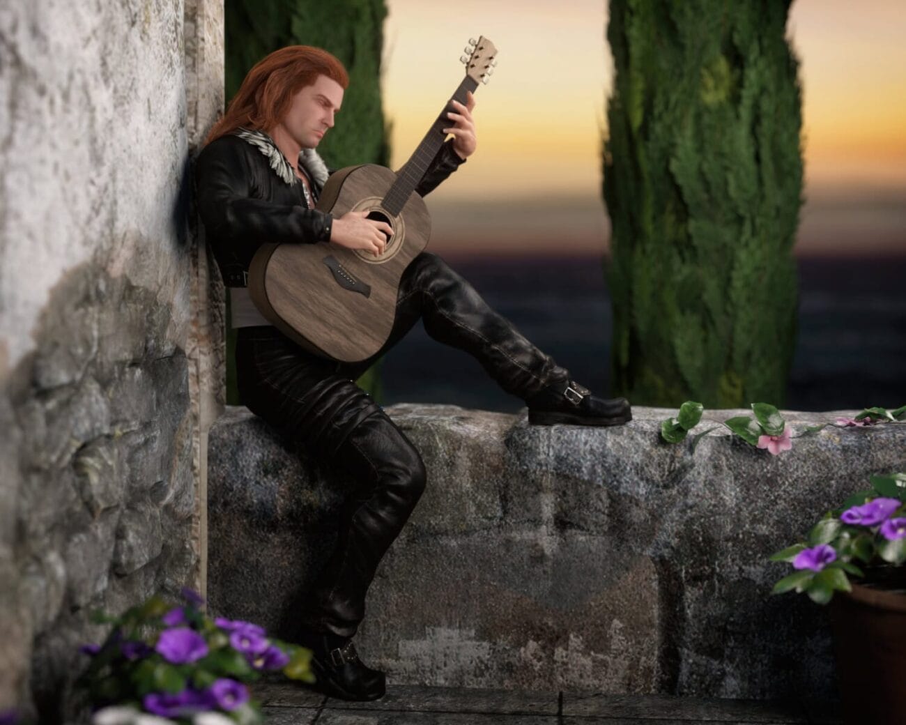 Guitar-playing man leaning against stone wall during sunset, outdoor scene with lush greenery, relaxed mood, 3D rendered ArtPose, realistic detail, perfect for digital art and 3D assets showcase.