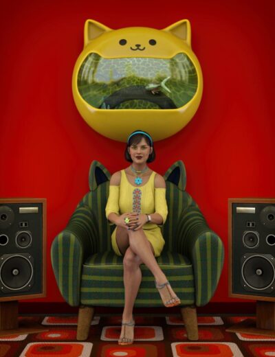 Fish tank with sharks and aquatic life behind a woman sitting on a green upholstered armchair in a vibrant room, showcasing detailed 3D character design, realistic textures, and vivid colors for Daz3D asset promotion.