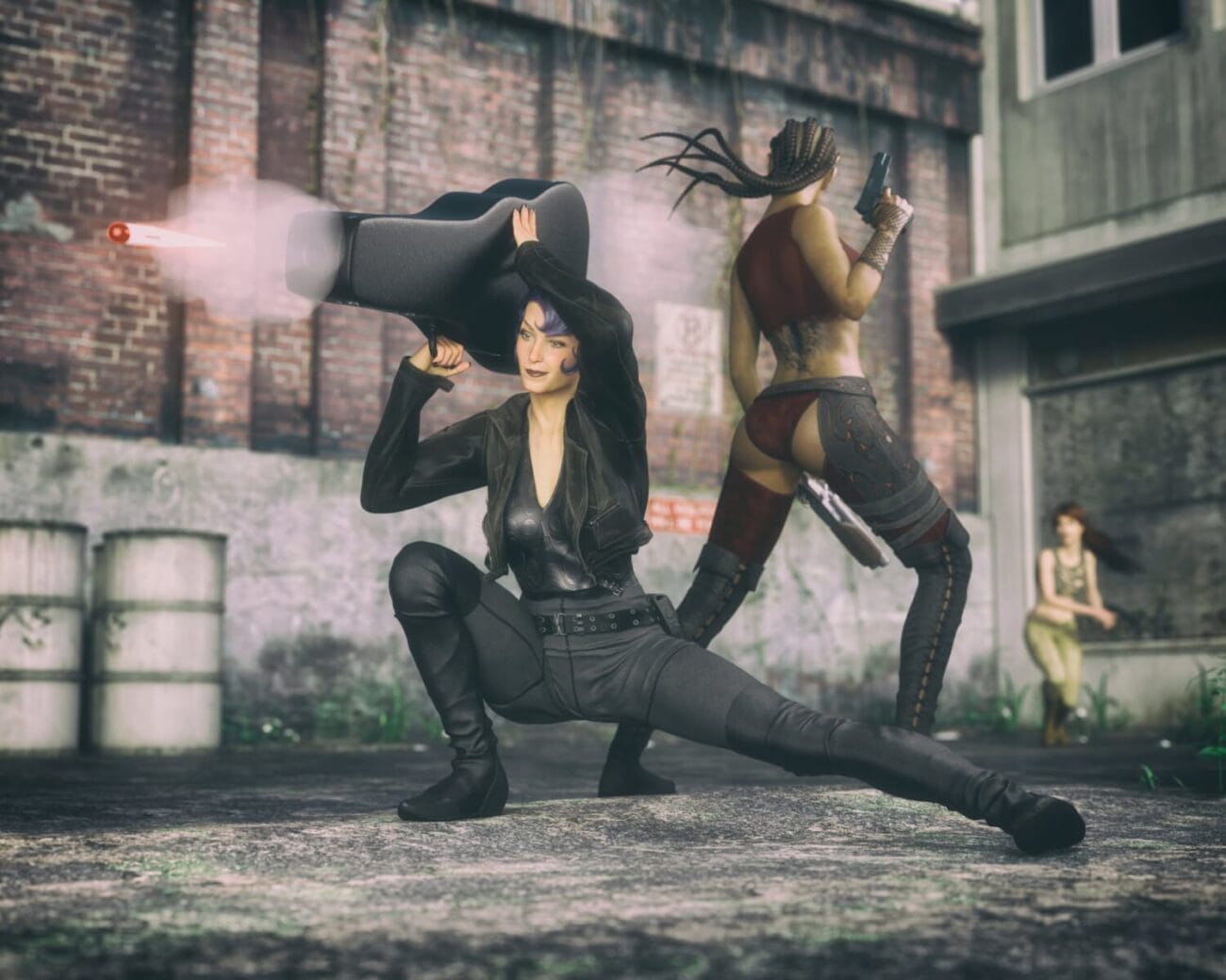 Futuristic female combat scene with cyberpunk character wielding a large weapon in an urban alleyway, showcasing high-quality 3D models, detailed textures, and dynamic poses for Daz3D assets.