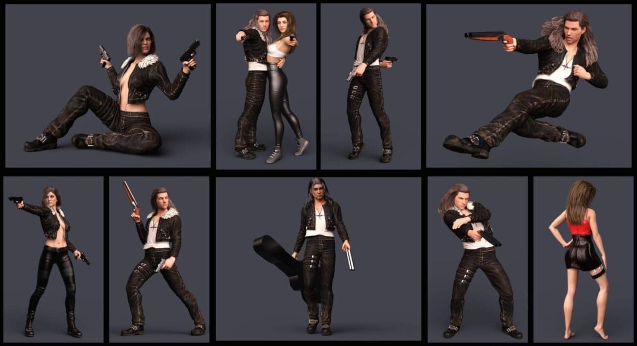 3D female and male character models with guns, weapons, and fashionable outfits for Daz3D renders and creative projects, showcasing high-quality 3D assets from 3D Shards.