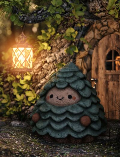 Cute plush forest creature with a smiley face, surrounded by greenery and warm ambient lighting in a whimsical outdoor scene.