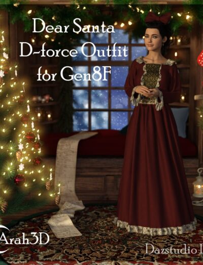 Elegant 3D rendered woman in vintage holiday dress standing in cozy Christmas scene with decorated tree, stockings, and soft lighting, perfect for Daz3D asset promotion.