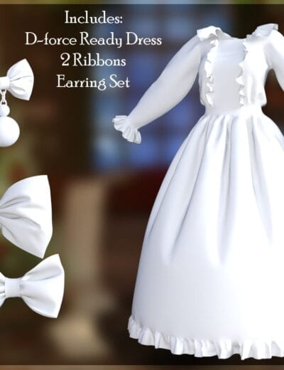 White dress and bow earrings set for Daz3D, 3D accessories for female characters, detailed ribbons and ruffles for V4, Genesis, and other compatible models.