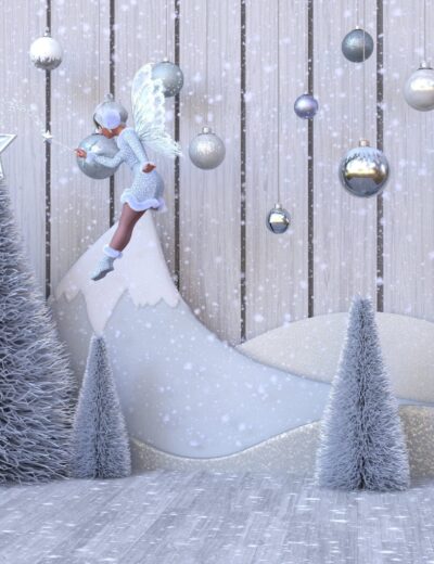 Shimmering winter fairy hanging from Christmas ornaments in a festive holiday scene with snow-covered trees and a wooden backdrop.