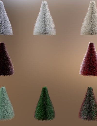 Vivid collection of 3D Christmas trees with varied colors, including white, red, green, and purple, created with realistic textures and detailed branches for holiday scene rendering.