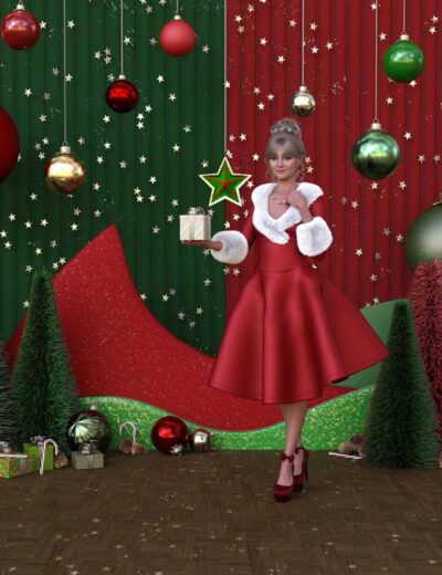 Colorful holiday scene with a woman in festive red dress holding a gift, surrounded by Christmas ornaments, trees, and decorations on a decorated Christmas backdrop.