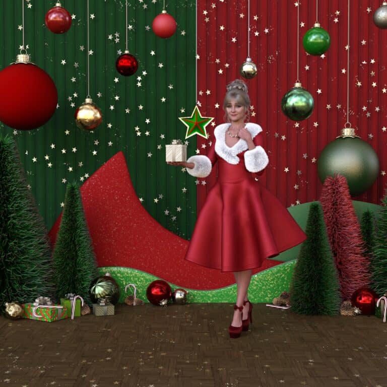 Colorful holiday scene with a woman in festive red dress holding a gift, surrounded by Christmas ornaments, trees, and decorations on a decorated Christmas backdrop.