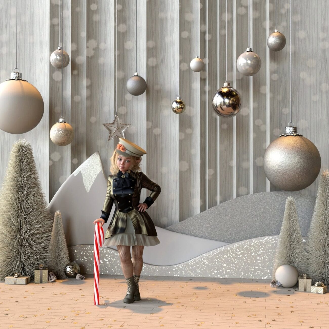 Shiny silver holiday ornaments and a festive scene with a girl dressed in holiday attire holding a candy cane, featuring a wintery backdrop with decorated trees, gift boxes, and Christmas decorations.