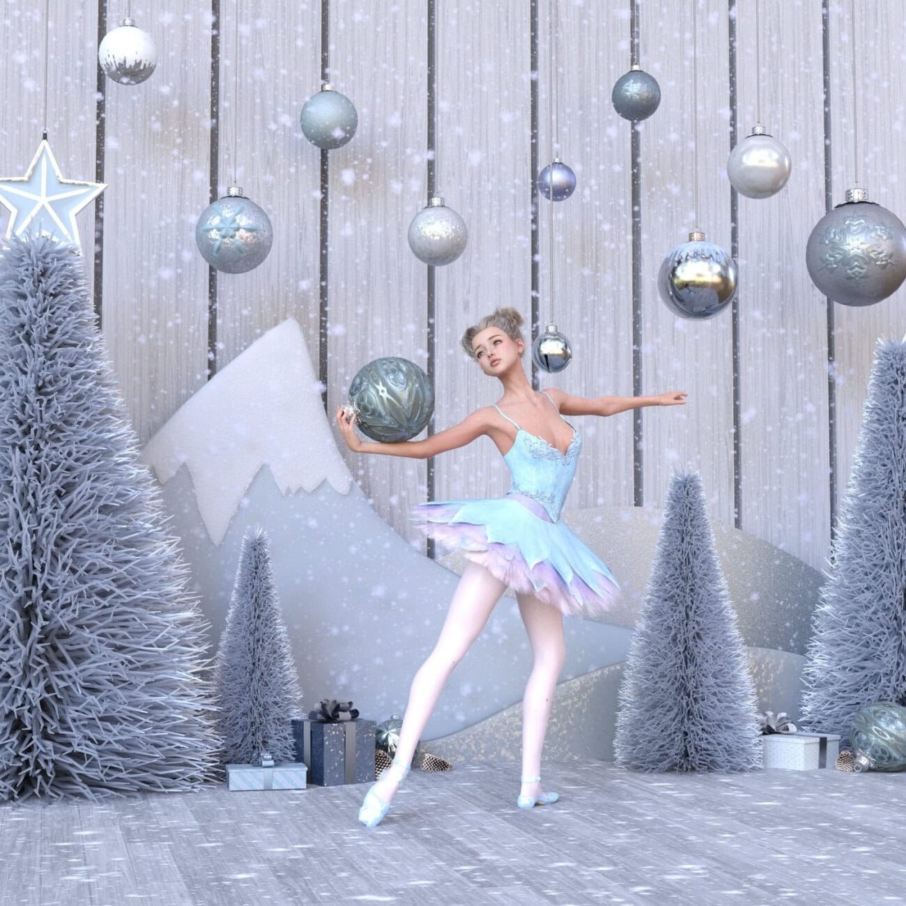 Elegant 3D ballerina in a winter-themed scene with festive ornaments, snow-covered trees, and gifts, showcasing high-quality Daz3D assets for holiday and ballet-inspired digital art.