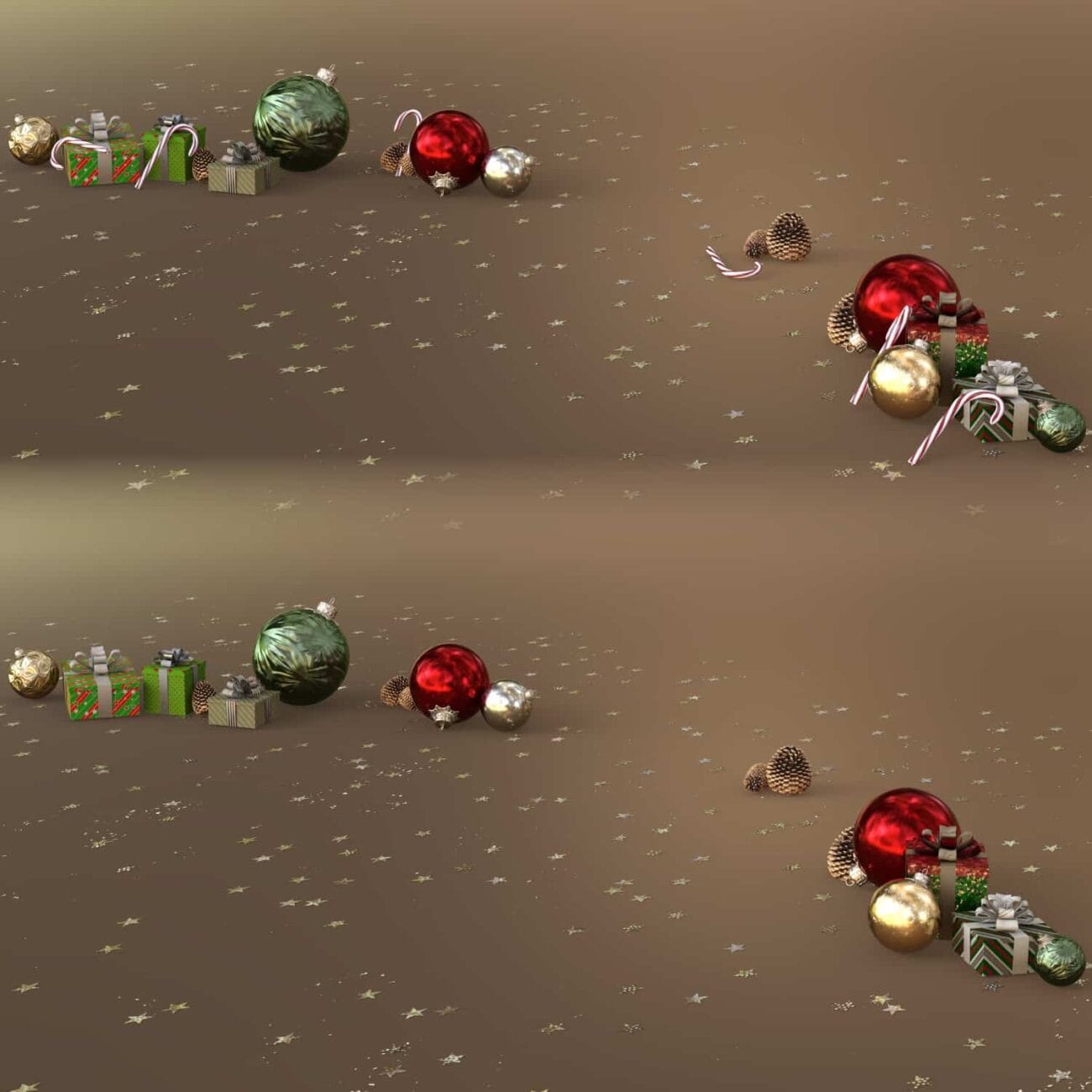 Shiny Christmas ornaments and wrapped gift boxes on a brown festive surface with scattered star confetti, creating a holiday celebration scene in 3D.