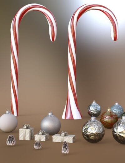 Candy cane with red and white stripes, Christmas ornaments, gift boxes, pinecones, and holiday decorations on a neutral background. Perfect for festive holiday scenes and seasonal decor.