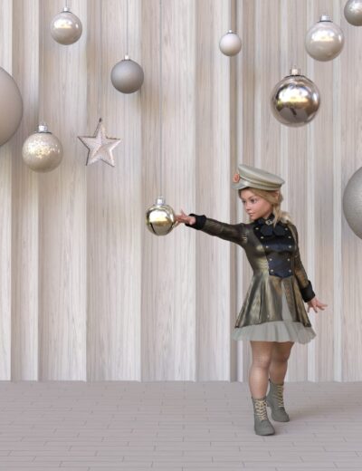 Shiny silver and matte gold Christmas ornaments hanging from a ceiling with a young girl in vintage attire reaching out to touch one, in a festive holiday scene.