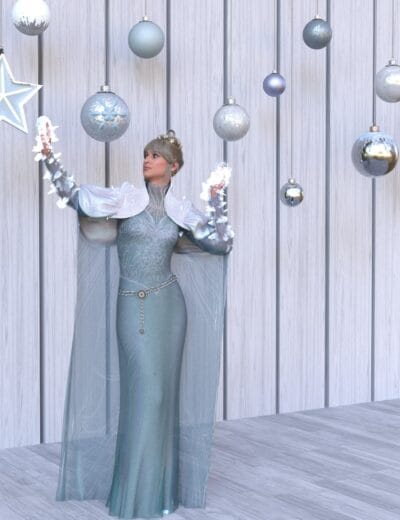 Shimmering woman in an elegant silver gown, festive silver ornaments and a glowing star decoration, perfect for holiday-themed 3D assets and digital art projects.