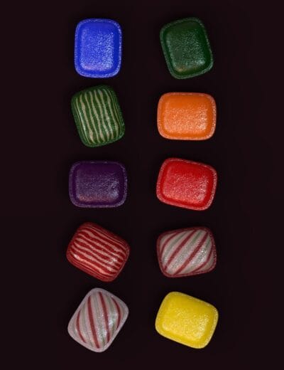 Vibrant colorful gummy candies with different textures, including striped, solid, and translucent varieties, arranged against a black background for high-quality 3D asset visualization.
