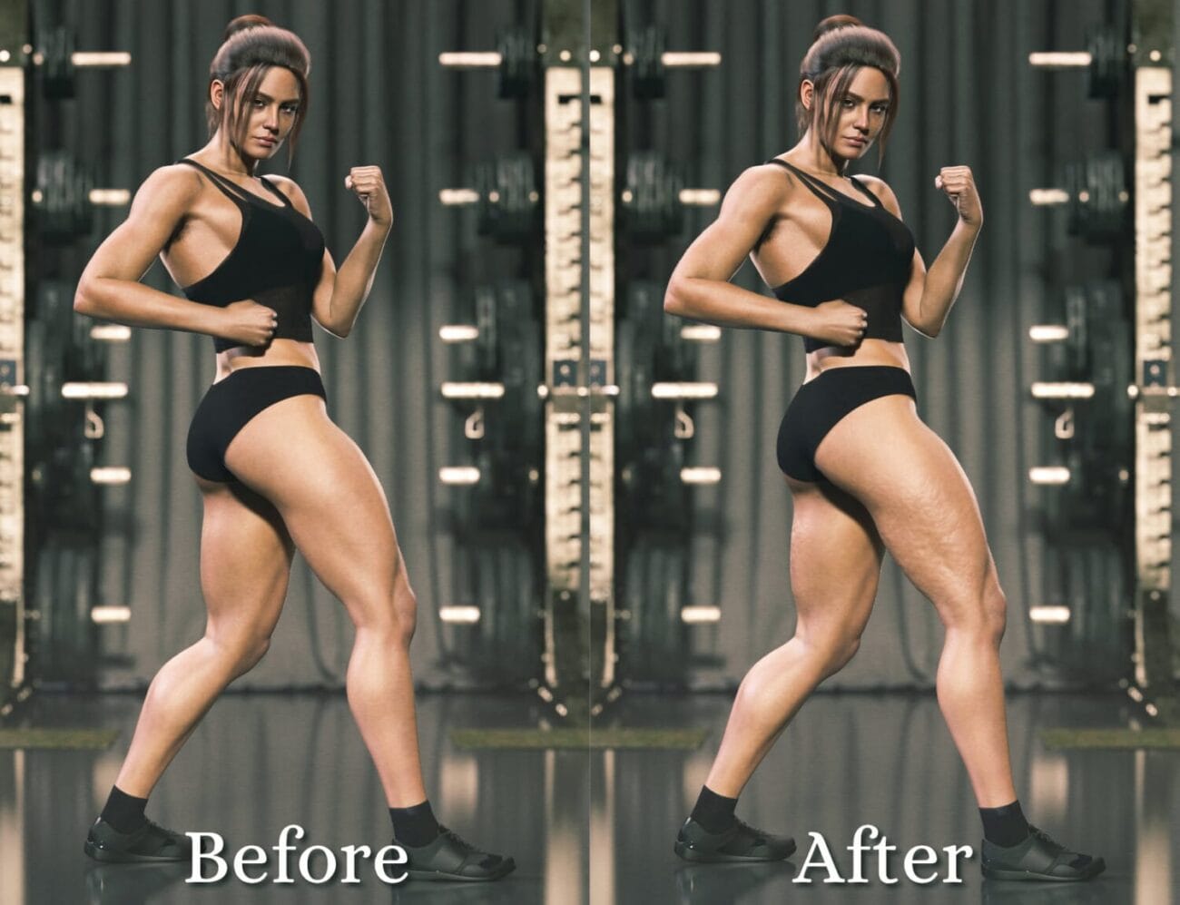 Enhanced athletic woman showcasing muscle tone and physique improvement in gym fitness transformation images, emphasizing strength and fitness progress.
