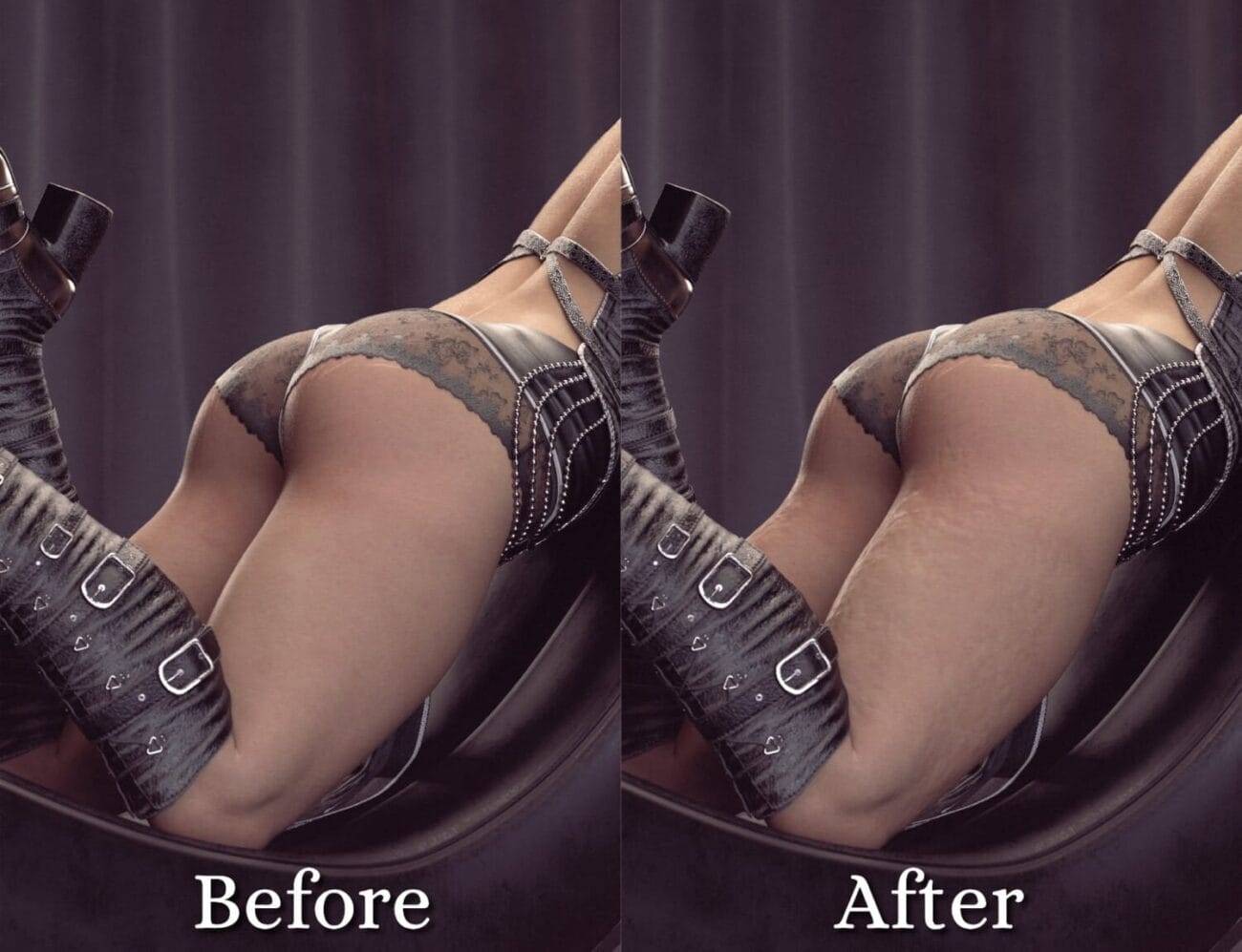 Silicone body enhancements with tattoos, before and after, close-up of female thighs, skin texture adjustments, digital artwork, realistic skin details, body modification effects, 3D assets for Daz3D, high-quality render, visual comparison of cosmetic changes, detailed anatomy modeling.