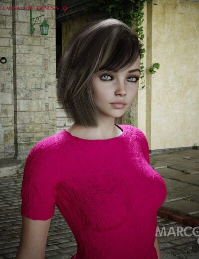Blue-eyed female model wearing a vibrant pink textured dress outdoors, showcasing realistic 3D character design with detailed skin and hair, perfect for Daz3D assets and 3D character modeling.