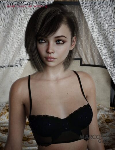 3D female model with detailed facial features and short brown hair, wearing black lace lingerie, set against a bedroom background with patterned curtains and bedding, showcasing high-quality 3D assets.