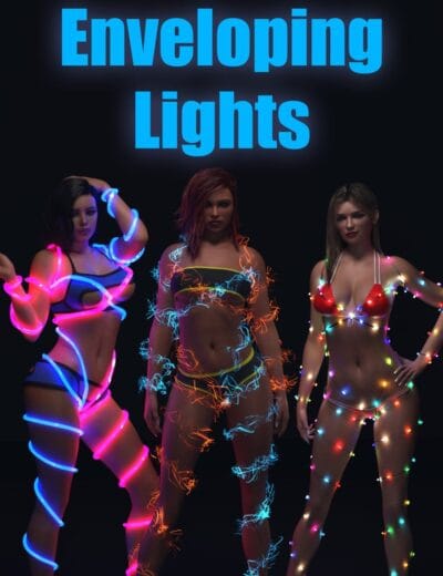 Vibrant women wearing colorful glowing string lights and spark effects, emphasizing dynamic neon light art for digital art, 3D modeling, and creative design projects.