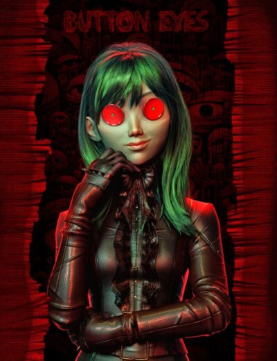 Button Eyes doll, sci-fi style, detailed 3D human character, vibrant green hair, realistic black leather outfit, cyberpunk aesthetic, digital art, dark red background with eye motifs, high-quality Daz3D assets.