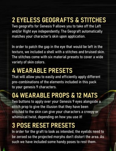 Button eyes 3D character model showcasing geografts and stitches for Genesis 9 with wearable presets and props for enhancing digital art and character creation.