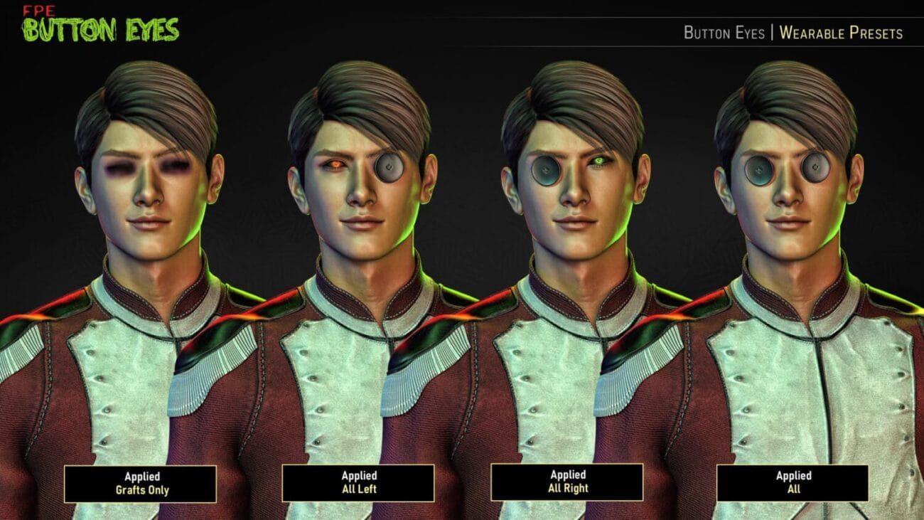Button Eyes wearable presets for Daz3D, featuring customizable eyedesigns including grafts, all left, all right, and all options, perfect for character customization and sci-fi themes.