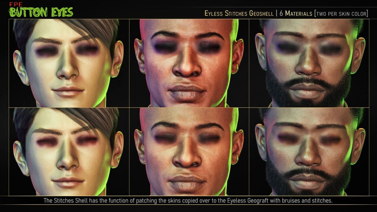 Button eyes 3D character models showcasing eyelid stitches and skin bruises, perfect for realistic character textures in Daz3D and 3D rendering projects.