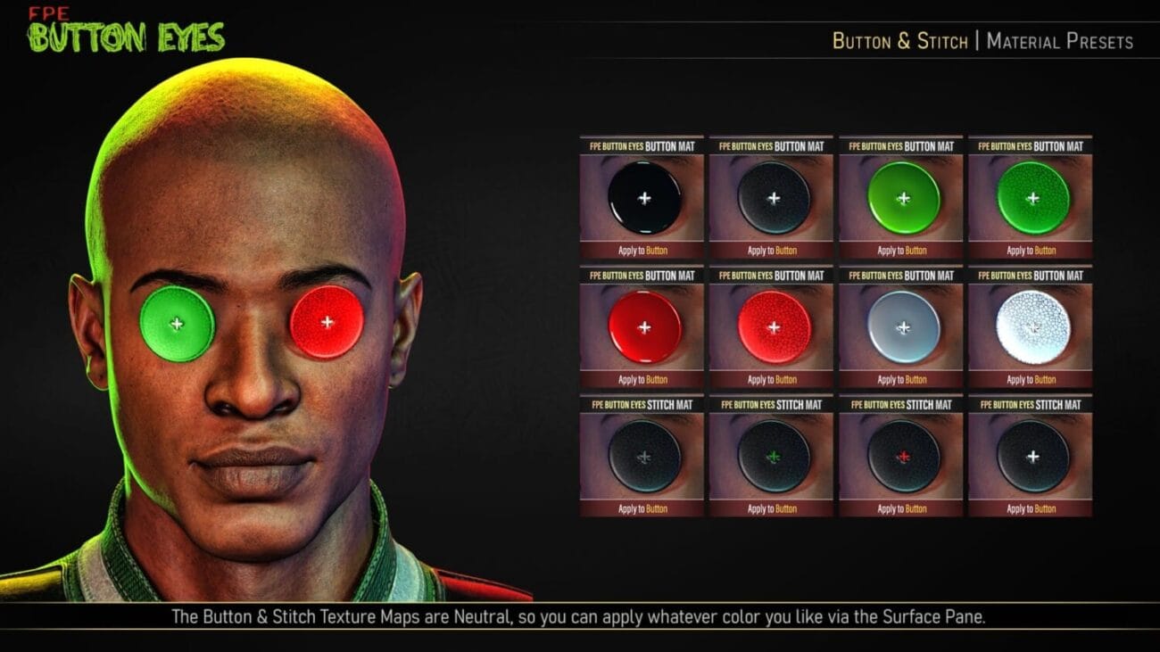Button eyes texture maps for Daz3D assets, featuring vibrant colors and detailed stitch patterns for realistic character customization. Suitable for 3D modeling, digital art, and visual effects.