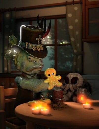 Frog wearing a gothic top hat with skulls, holding a glowing octopus plush toy, in a spooky Halloween scene with candles and a skull puppet on a wooden table, warm ambient lighting.
