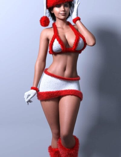 Red and white Christmas-themed 3D model of a woman in a festive Santa-inspired costume, featuring furry details, a Santa hat, and thigh-high boots, perfect for holiday asset digital art.