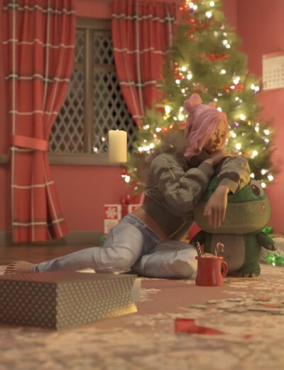 3D Christmas scene with a woman hugging a frog plush toy in front of a decorated Christmas tree, cozy holiday setting in a pink-themed room.