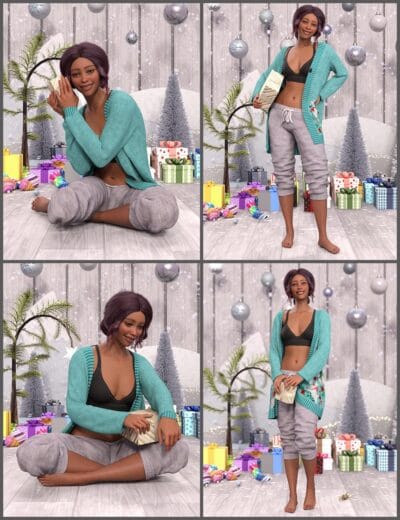 Cute woman holding gift box, cozy winter outfit, holiday celebration scene, with Christmas decorations, presents and festive background, digital 3D rendering.
