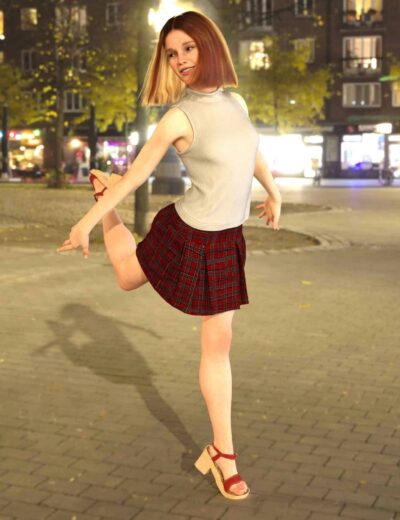 Daz3d girl dancing outdoors on city street at night, urban nightlife scene, trendy fashion, joyful pose, high heels, illuminated buildings, vibrant city lights, realistic 3D character, 3D assets, digital art.