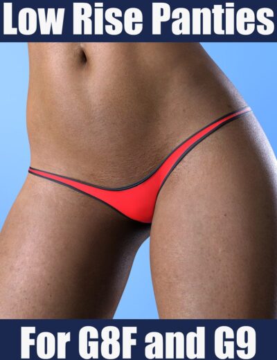 Low-rise red and black G8F and G9 compatible panties for 3D character models, highlighting realistic skin textures and sleek design. Perfect for digital art, animations, and 3D rendering projects.