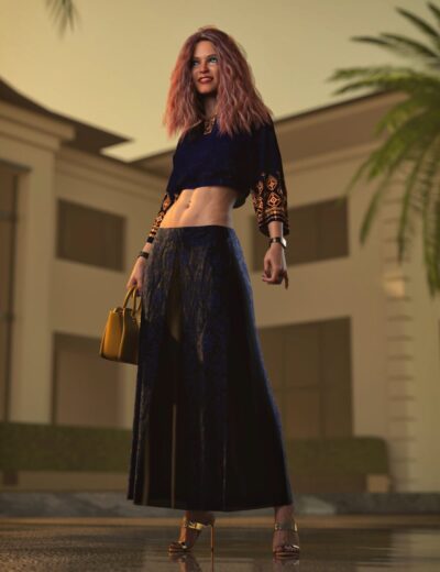 Luxurious 3D woman character wearing elegant black and gold fashion, standing outdoors with modern architecture in the background, showcasing high-quality Daz3D assets.