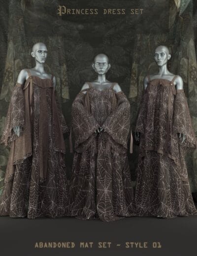 Elegant dark brown princess dress set with web and spider patterns, perfect for fantasy and gothic 3D character designs, suitable for Daz3D assets.