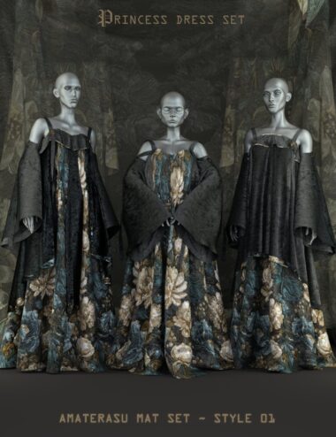 Amaterasu 01 Elegant princess dress set with intricate fabric textures and detailed floral patterns for Daz3D characters.